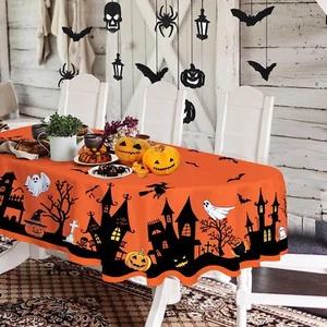 Halloween Tablecloth Pumpkin Castle Witch 54x72" Oval Waterproof Polyester - Picture 1 of 7