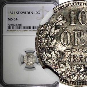 Sweden Carl XV Adolf Silver 1871 ST 10 Öre Last Year Type NGC MS64 KM# 710 (010) - Picture 1 of 5
