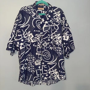 Vintage 90s Guess Geometric Linen Blend Batik Hawaiian Shirt Hong Kong Men's XL - Picture 1 of 6