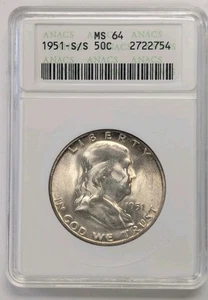 1951 S/S Franklin Half Dollar ANACS MS64 View Photos Old Soap Box Holder #Z329 - Bild 1 von 4