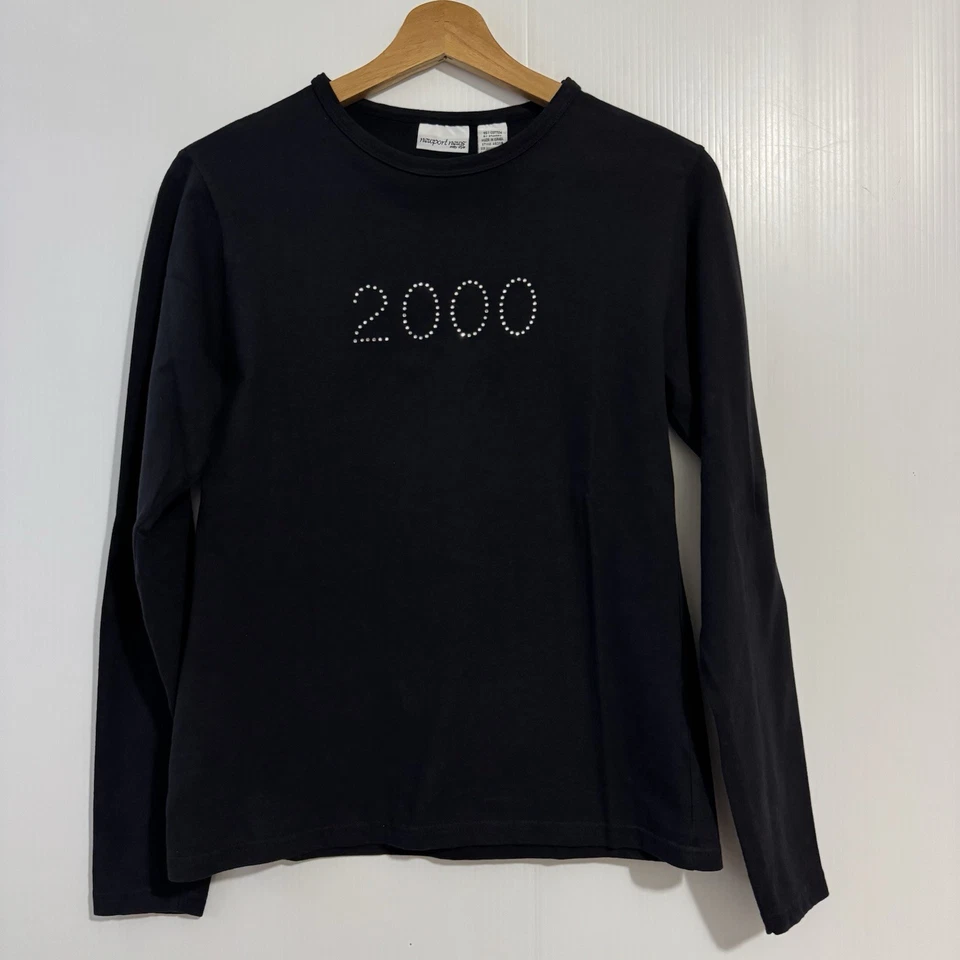Camiseta negra manga larga Newport News Y2K 2000 estrás brillo para mujer talla M Foto 1 de 4