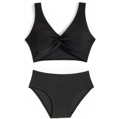 Traje de baño de bikini negro acanalado delantero torcido para niños talla 9 Foto 1 de 3