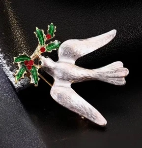 Brosche Weihnachtsmotiv Friedenstaube Brosche silberfarben. Stechpalmenzweig - Bild 1 von 4