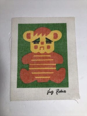 Needlepoint Painted Canvas by Judy Roberts Orange Sad Bear 9” X 7” MCM - Image 1 of 4