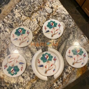 4" Weiß Marmor Runde Kaffee Untersetzer Set Malachit Intarsien Stein Trinkgeschirr Dekor - Bild 1 von 4