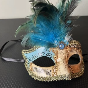 Mardi Gras Mask, feathers, Blue and Gold with strap; embellished. - Picture 1 of 6