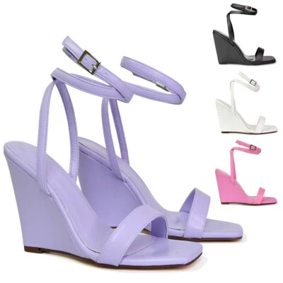 Sandalias de tacón de cuña con correa en el tobillo con tiras para mujer Zapatos con punta cuadrada Talla 3-8 Foto 1 de 4