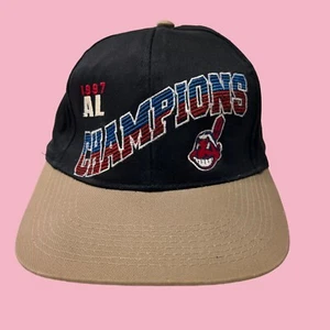 Vintage 90s Cleveland Indians Hat Cap Snap Back Mens Black Brown Wahoo Baseball - Picture 1 of 7