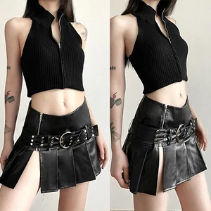 Women With Slit Mini Skirt Leather Outfits Disco Gothic Split Side Metal Ring - Picture 1 of 20
