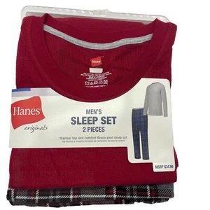 M Hanes Originals Set Pigiama Uomo 2 Pezzi Plaid Comfort Pile Rosso MEDIO - Foto 1 di 10