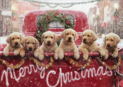 Tarjeta de Navidad Lab Puppies In Red Truck Dog Foto 1 de 2