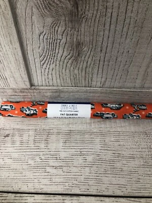 Emma & Mila Cotton Fabric Fat Quarter - Vintage Cars Orange Black New Fabric - Image 1 of 4