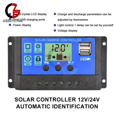 10A/30A/60A PWM Solarladeregler 12/24V Auto Dual USB Solarpanel Ladegerät - Bild 1 von 4