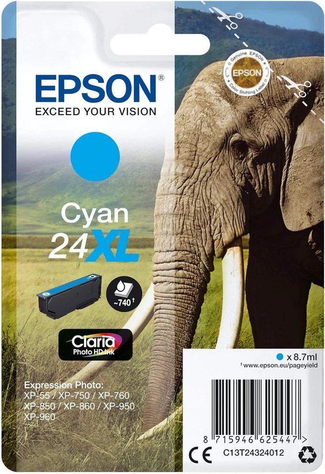 Epson 24XL cartouche d'encre Cyan authentique haute capacité C13T24324012 (TVA  - Photo 1/1