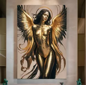 XXL LEINWAND BILD ER BIS 170x110x5 GOLDENER ENGEL FRAU MODERN AVSTRAKT WANDBILD - Bild 1 von 2