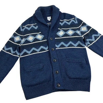 GAP Shawl Cardigan Sweater Mens Size M Southwestern Cotton Blend Blue Heavy Knit - Image 1 of 4
