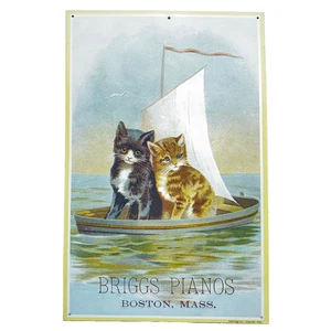 Cute Kittens on Sailboat Sign Plaque Advertising Embossed Metal Boston Mass. - Picture 1 of 4