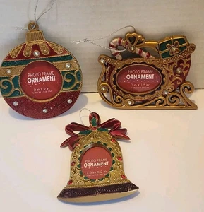 CHRISTMAS PICTURE FRAMES METAL ORNAMENTS BELL SLEIGH ORNAMENT  3 PIECE - Picture 1 of 11