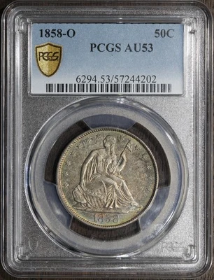 Medio dólar libertad sentada 1858-O (AU53) 50C GRADUACIÓN PROFESIONAL - gran color Foto 1 de 3