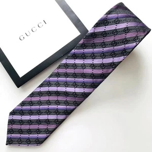 GUCCI Purple Silk Tie 3.2in Width 60.6in Length Elegant GG Pattern Luxury Mens - Picture 1 of 10