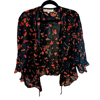 Donna Ricco 女式透明花卉绑带荷叶袖衬衫 16 码 — 第 1/4 张图片