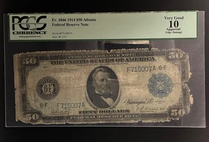1914 $50 Federal Reserve Note Atlanta, Blue Seal FR# 1046, Very Good 10 - Picture 1 of 2
