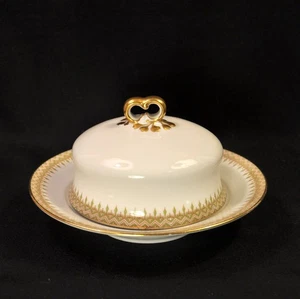 Limoges Wm Guerin Butter Dish Domed Lid Strainer Red/Green Trim w/Gold 1900-1932 - Picture 1 of 23