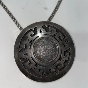 Sterling Silver Pendant Necklace Brooch Aztec Calender Sun God Marked Mexico 925 - Picture 1 of 7