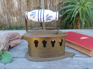 Vintage Brass Coal Iron With Blue Dutch Style Ceramic Handle - Picture 1 of 10