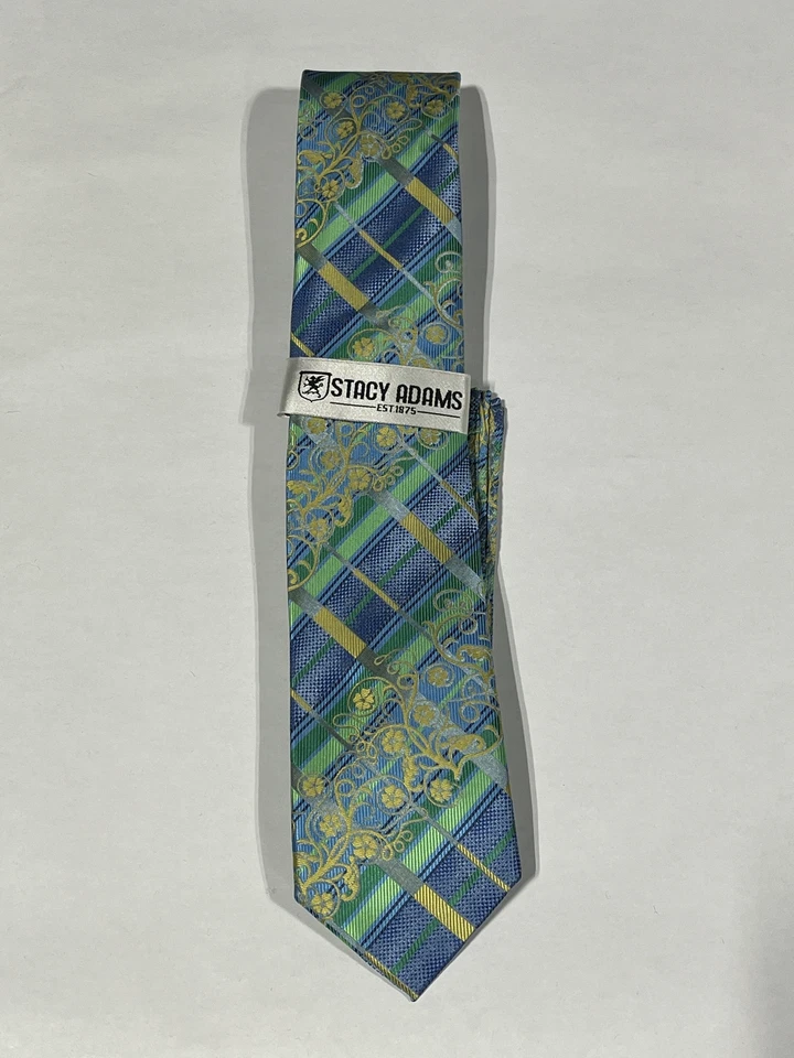Mens Stacy Adams Blue Floral Plaid Pattern Tie With Matching Pocket Square NEW - Image 1 of 3
