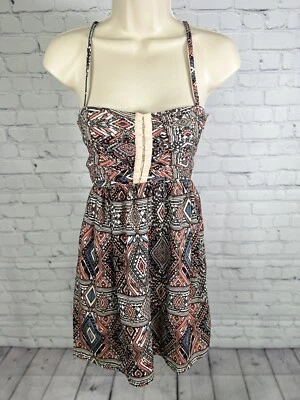 BILLABONG Coral Black Geometric Hook & Eye Detail Spaghetti Strap Mini Sun Dress - Image 1 of 4