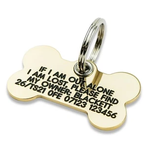 REINFORCED Deeply engraved dog tag, extra tough solid brass bone shape - Picture 1 of 1