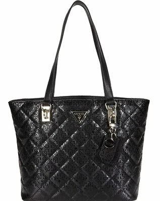 NEW GUESS Women's Black Glossy Patent Logo Quilted Tote Bag Handbag Purse - Image 1 of 4