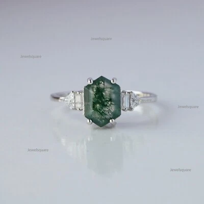 Hexagon Cut Moss Agate & Side Natural Diamond Wedding Band Ring 14k White Gold - Image 1 of 4