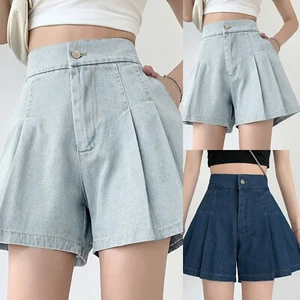 Women's Casual High Elastic Waisted Wide Leg Flared A Line Pleated Denim Jean - Picture 1 of 24