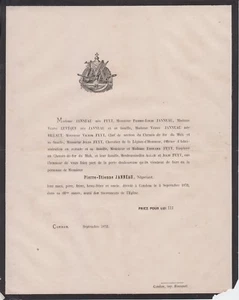 *1872 Faire-part décès Pierre-Etienne JANNEAU Condom (Gers) - Armagnac - Imagen 1 de 1
