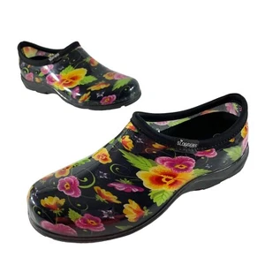 Sloggers Waterproof Sz 10 Yellow Pink Flowers Slip On Gardening Rain Shoes Black - Picture 1 of 10