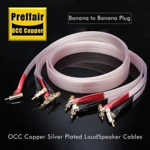Silver Plated OCC Ribbon Flat HiFi Speaker Wire Cable 45 Degree Banana Plug - Picture 1 of 9