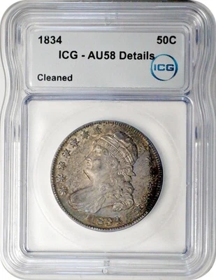 1834 Capped Bust Half Dollar 50C ICG AU58 Details About Uncirculated Cleaned - Image 1 of 3