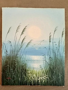 Vtg Original Art Coastal Seascape Painting Ocean Beach Sunset Birds 8x10" Signed - Picture 1 of 17