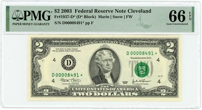 FR.1937-D* $2 2003 Federal Reserve Note Cleveland Gem Unc 66 EPQ PMG 950222-7 - Image 1 of 3