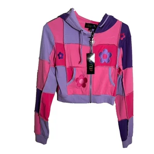 Dolls Kill Delia's Women's Small Patchwork Cropped Y2k Floral Hoodie Groovy NWT - Picture 1 of 9