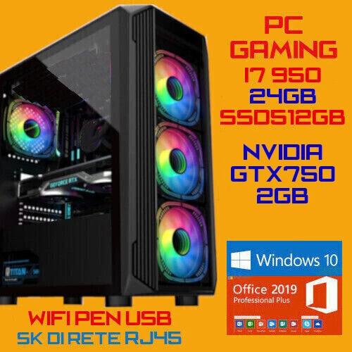 COMPUTER PC GAMING CPU INTEL i7-950 Ram 24GB SSD512GB GTX750-2GB Win10+Office - Immagine 1 di 1