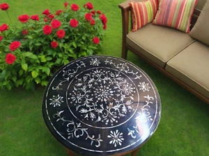 Black Marble Center Table with Mother of Pearl Inlay | Pietra Dura Floral Stone - Picture 1 of 15