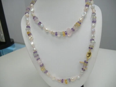 Colar de pérolas e pedras preciosas 40" com prata esterlina - Imagem 1 de 3