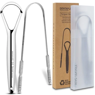 DENTAPLEX Tongue Scraper with Case Cleaner Stainless Steel 2 Pack for Oral Dental Care