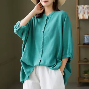 Women Loose Linen Shirt, Summer Round Neck Short Sleeve Casual Tops Plus size - Picture 1 of 43