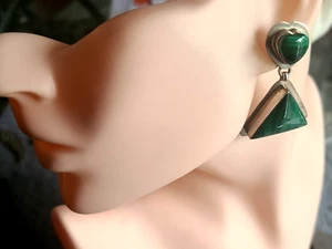 Pendientes colgantes de plata de ley firmados Albert Platera corazón malaquita y triángulo - Imagen 1 de 9