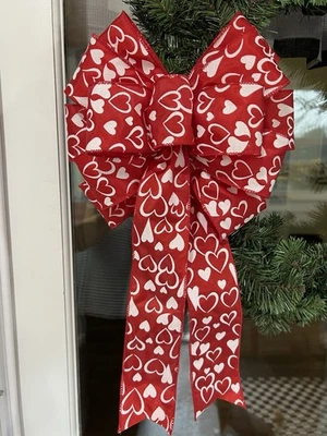 Handmade Large Red and White Heart Valentines Day Bow for Wreath 10 x 16 in. - Image 1 of 4