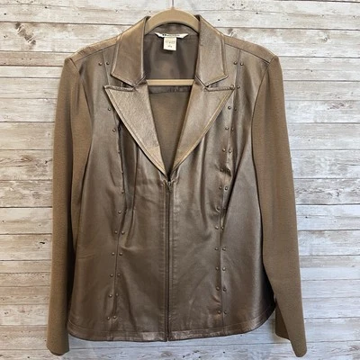 Chaqueta vintage Peter Nygard para mujer L bronce cuero tachonado y mangas traseras tejidas Foto 1 de 4